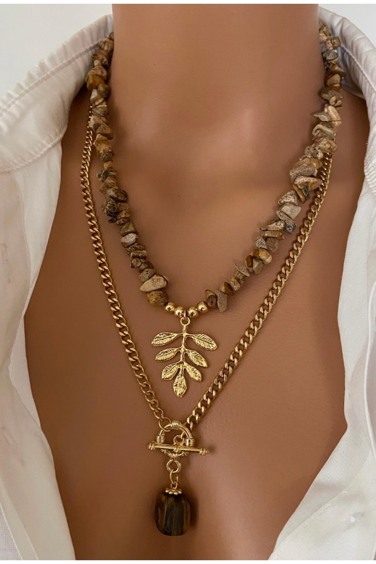 (İKİLİ SET) Doğal Taş Kahverengi / Bej Odun Taşı Altın Kaplama Retro Zincir Özel Uç Kadın Kolye