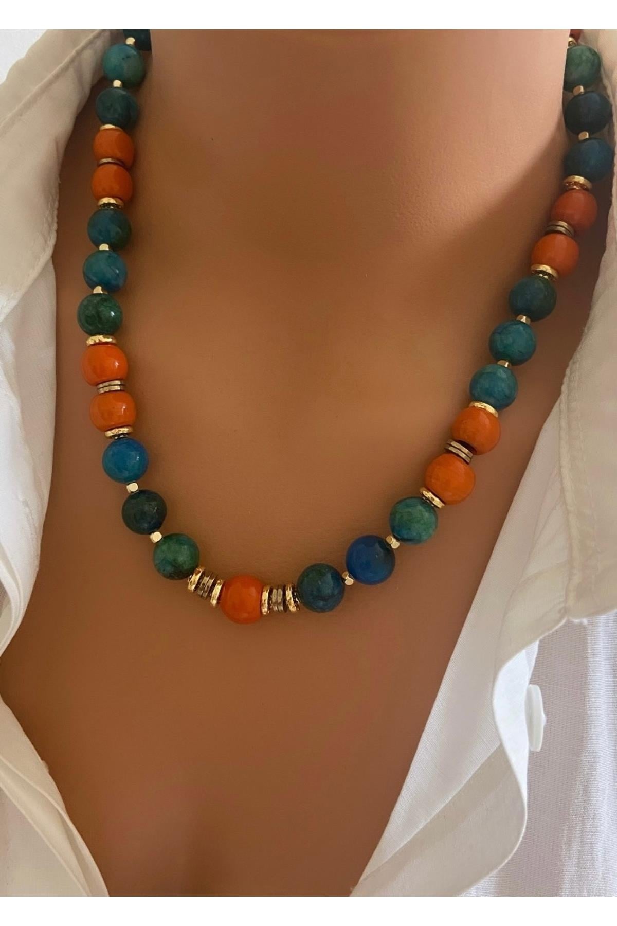 *ÖZEL TASARIM - SINIRLI STOK *Doğaltaş & El Yapımı Bodrum Boncuk Renkli TAŞ Kolye