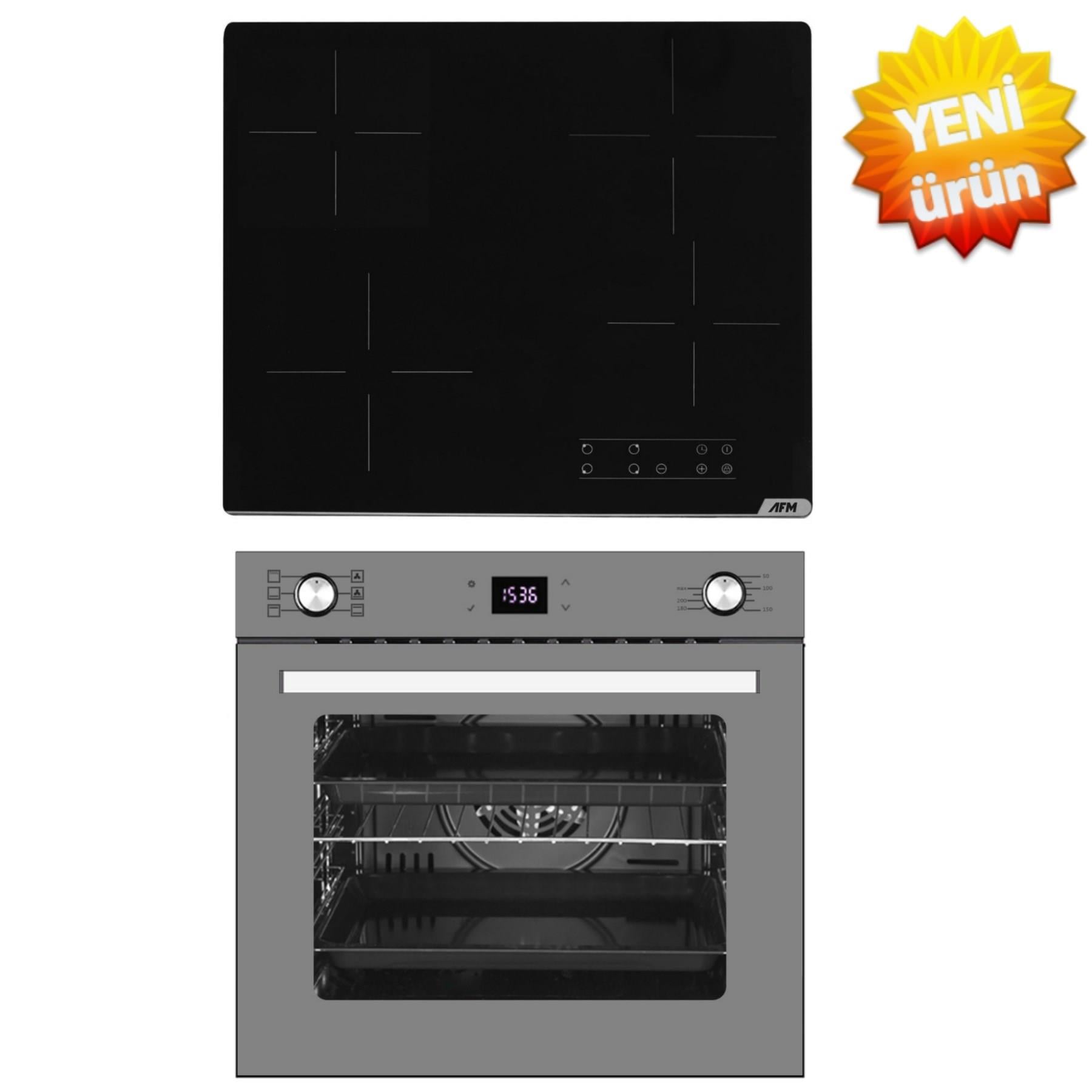 Afm TechAFM tech Siyah Vitro. Elektrikli Ocak + Turbolu  Antrasit Fırın / Ankastre Set ( V6-04 + FM7710)