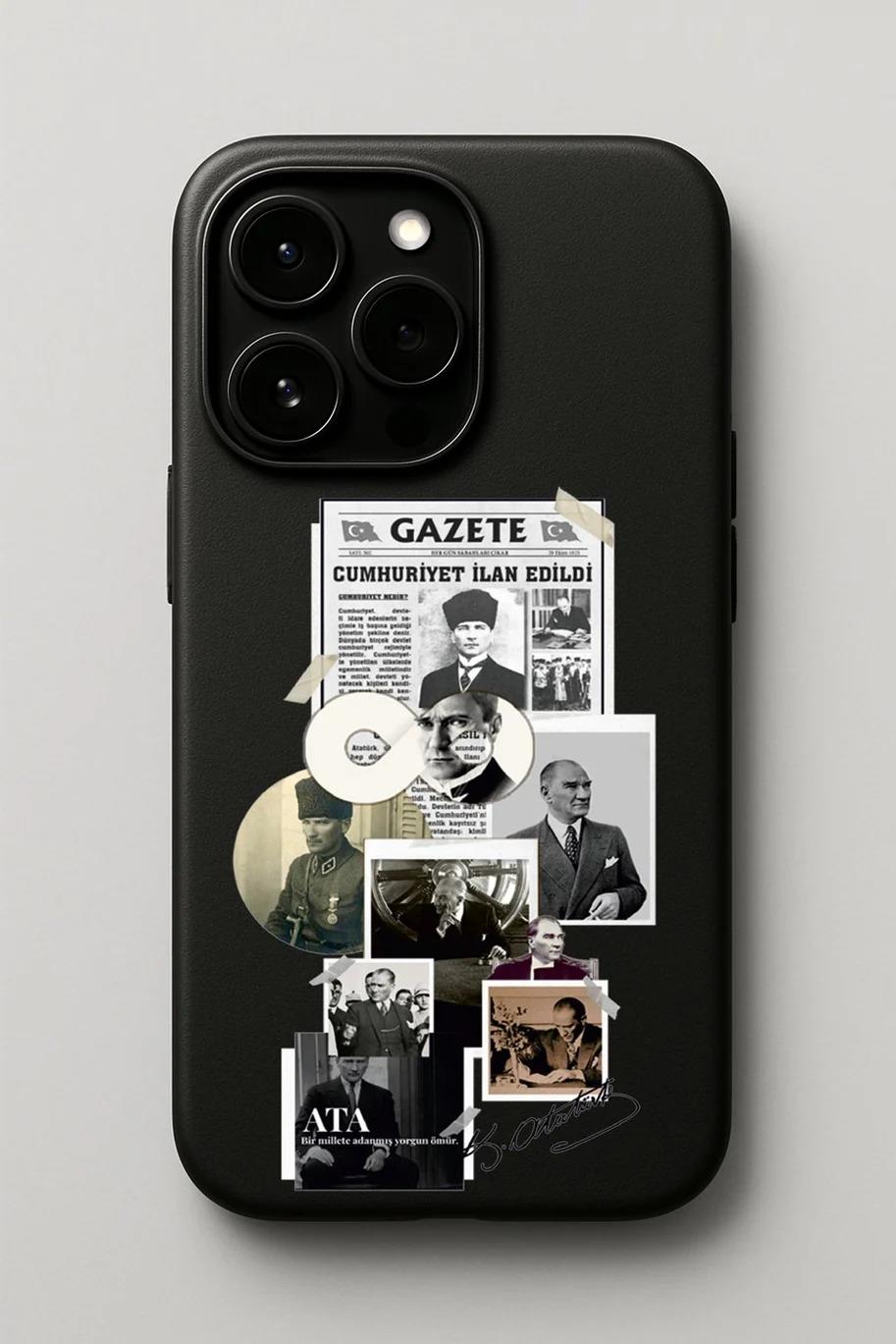 iPhone Uyumlu Atatürk Kolaj Tasarım Baskılı İçi Kadife Lansman Tüm Model Kılıf