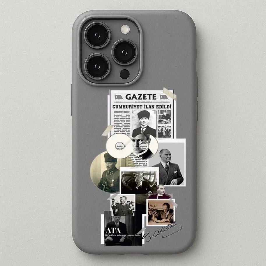 iPhone Uyumlu Atatürk Kolaj Tasarım Baskılı İçi Kadife Lansman Tüm Model Kılıf