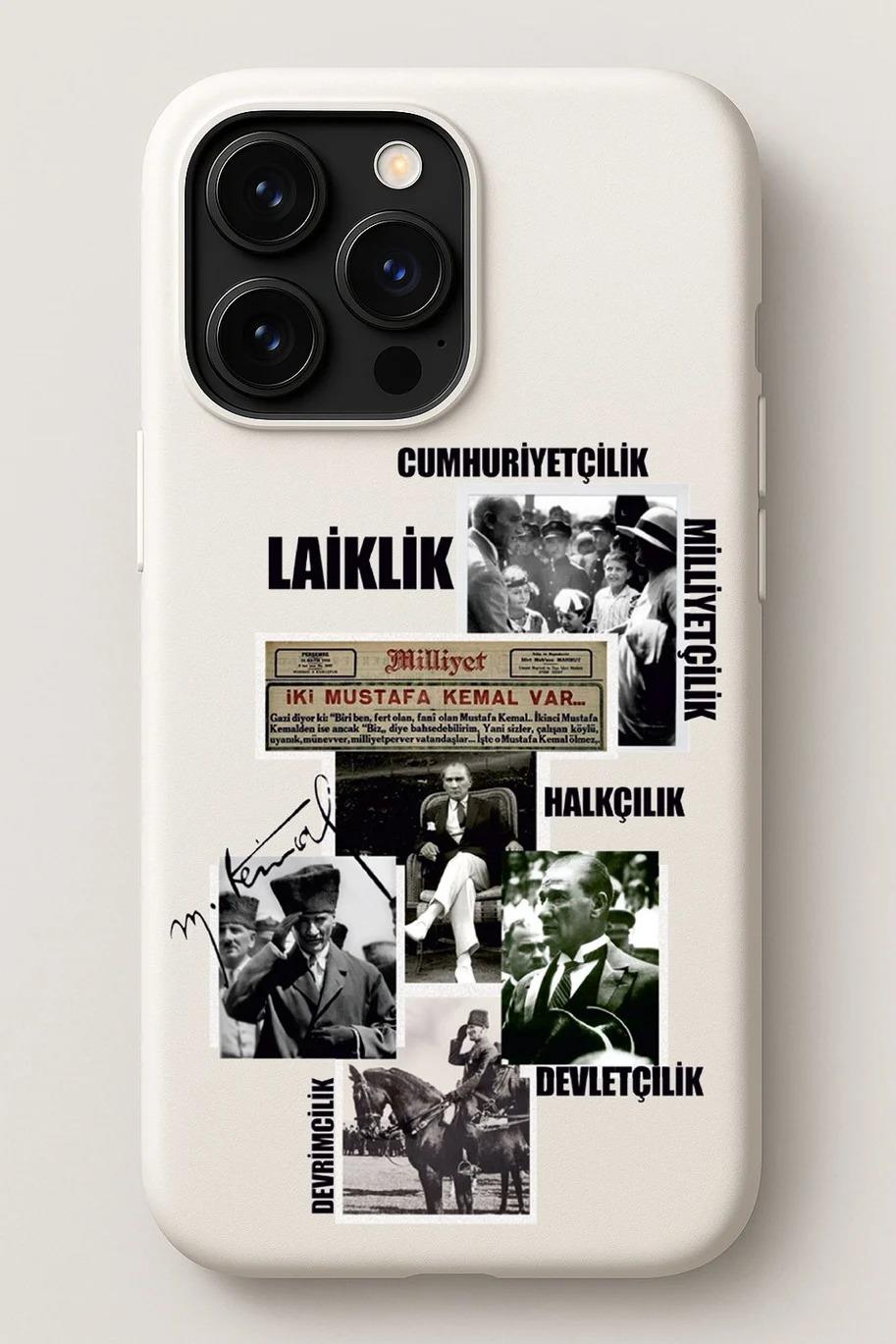 iPhone Uyumlu Atatürk Kolaj Tasarım Baskılı İçi Kadife Lansman Tüm Model Kılıf