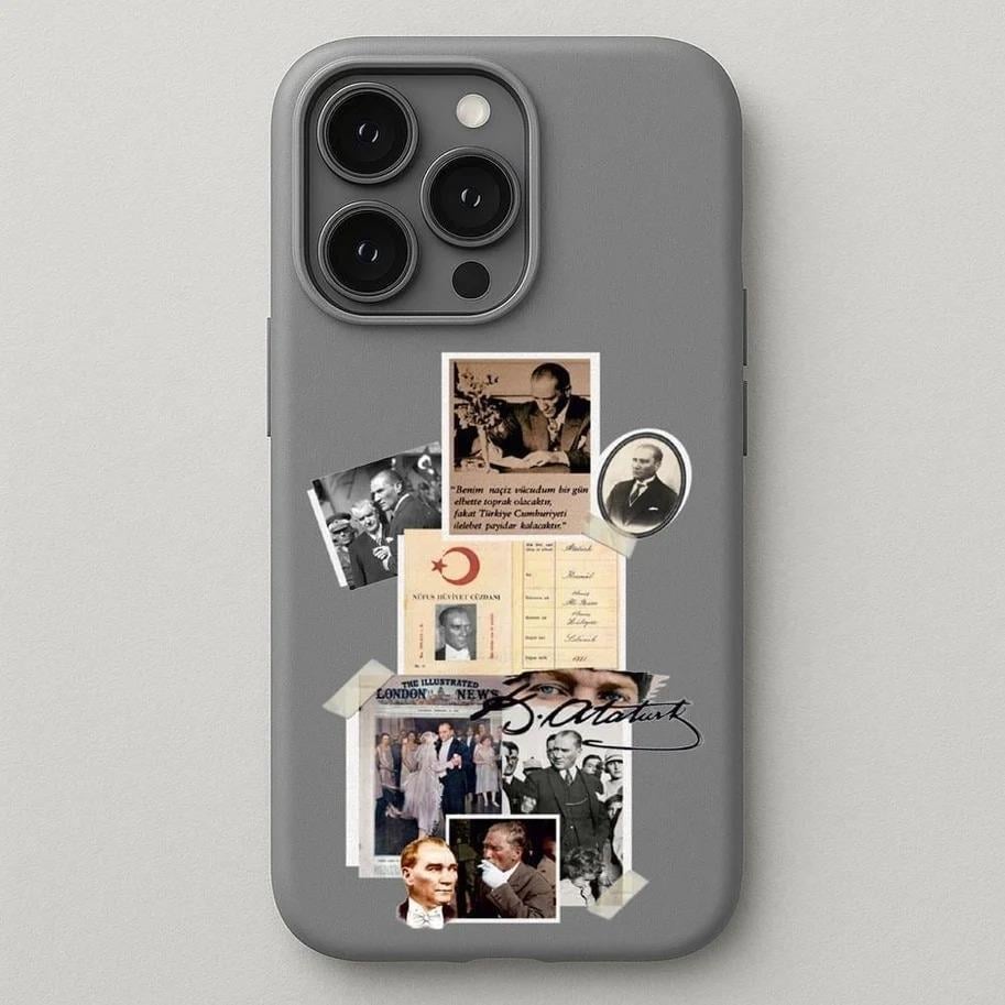 iPhone Uyumlu Atatürk Kolaj Tasarım Baskılı İçi Kadife Lansman Tüm Model Kılıf