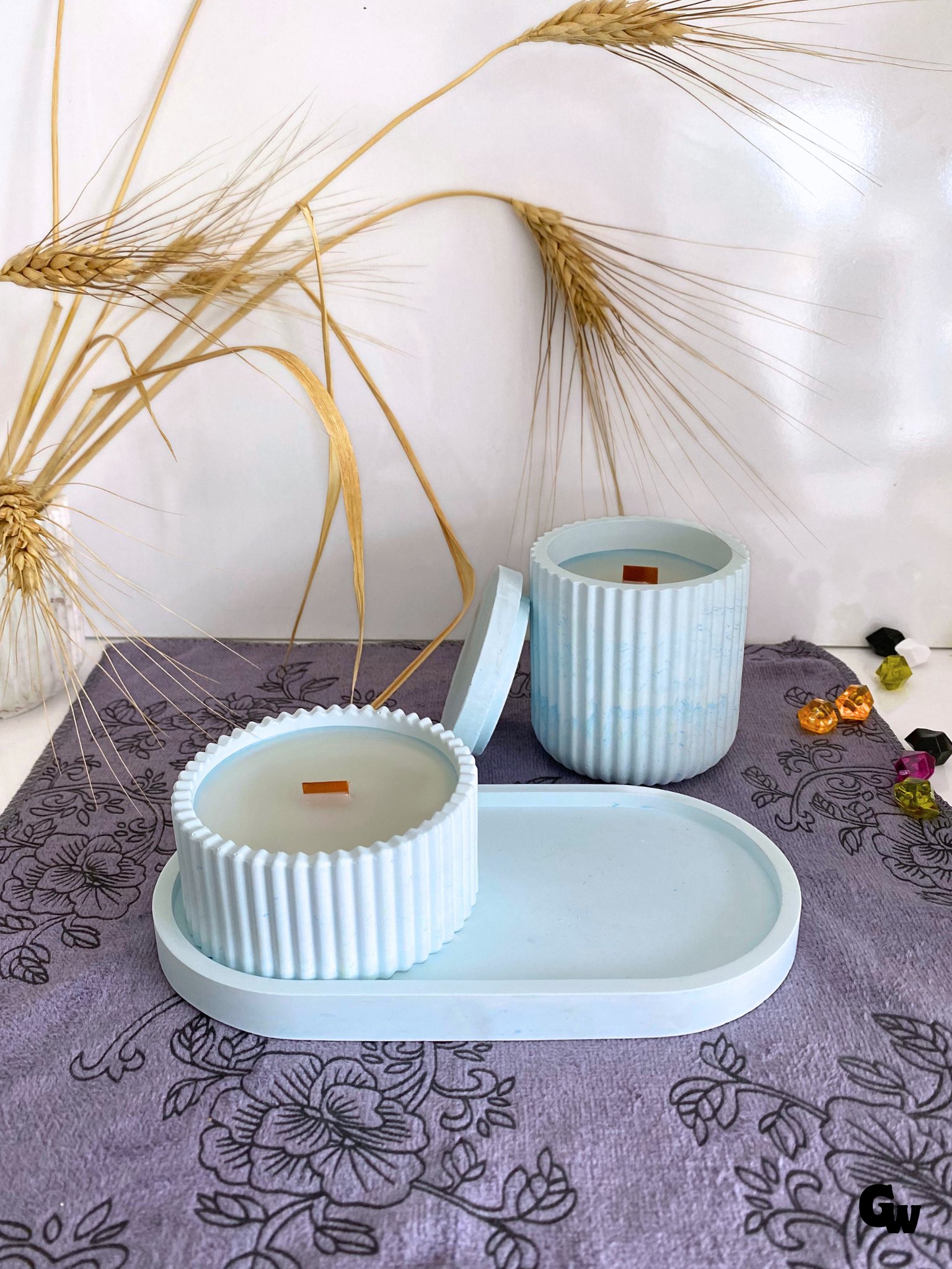 Desenli Desing 3'lü Set Kokulu Mumluk Dekoratif Mum Seti(AÇIK MAVİ)(KOKULU)(4 PARÇA)