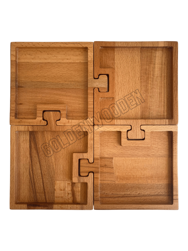 Doğal Ahşap Puzzle Sunum Tabakları Kare Ahşap Çerez Tabakları(4 PARÇA)(KAYIN/GÜRGEN)