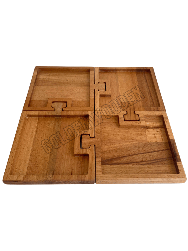 Doğal Ahşap Puzzle Sunum Tabakları Kare Ahşap Çerez Tabakları(4 PARÇA)(KAYIN/GÜRGEN)