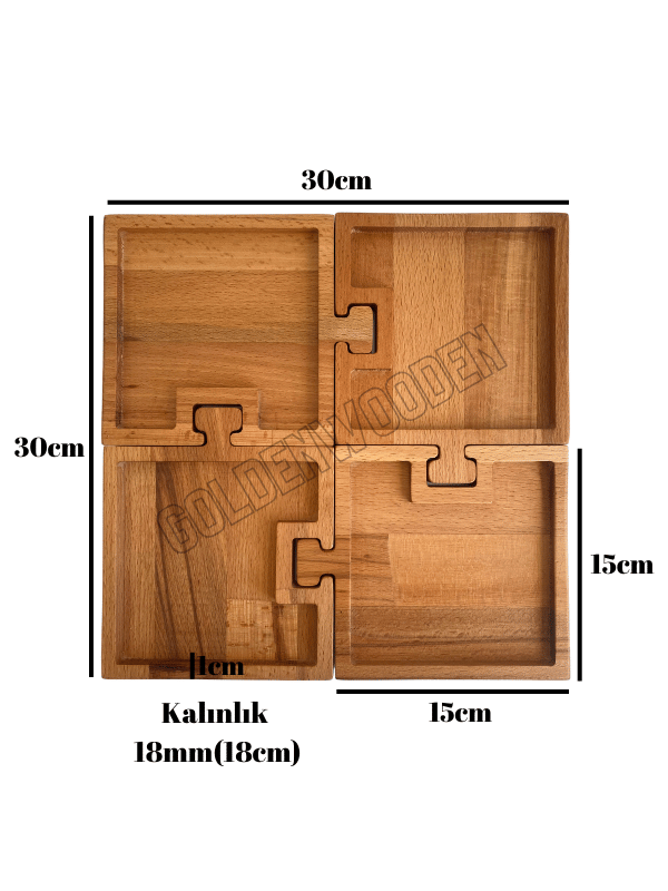 Doğal Ahşap Puzzle Sunum Tabakları Kare Ahşap Çerez Tabakları(4 PARÇA)(KAYIN/GÜRGEN)