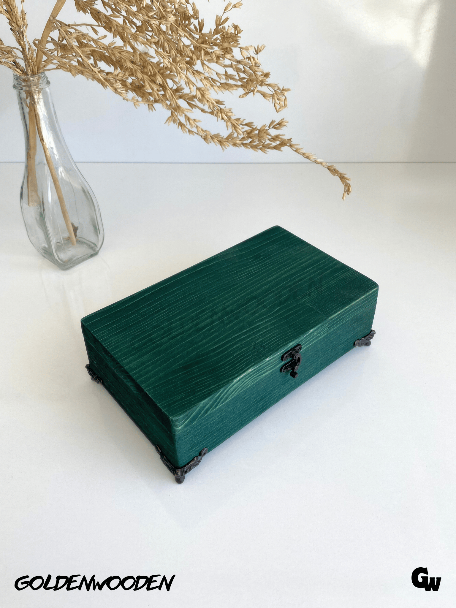 Doğal Ahşap Takı Kutusu Ahşap Saklama Kutusu(YEŞİL)(BEYAZ ÇAM)(BOY:20CM EN:12CM Yük:6,5cm)