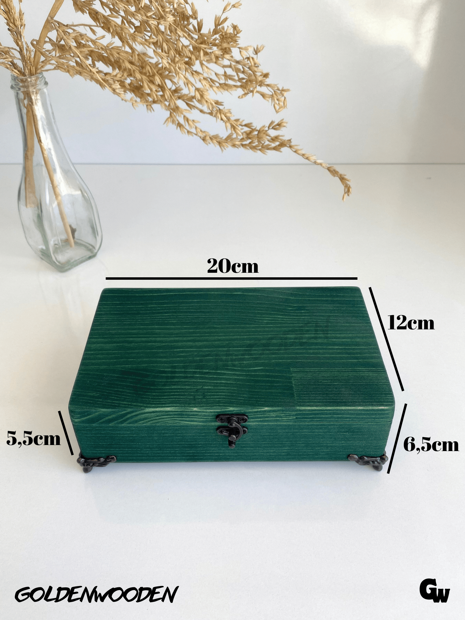 Doğal Ahşap Takı Kutusu Ahşap Saklama Kutusu(YEŞİL)(BEYAZ ÇAM)(BOY:20CM EN:12CM Yük:6,5cm)
