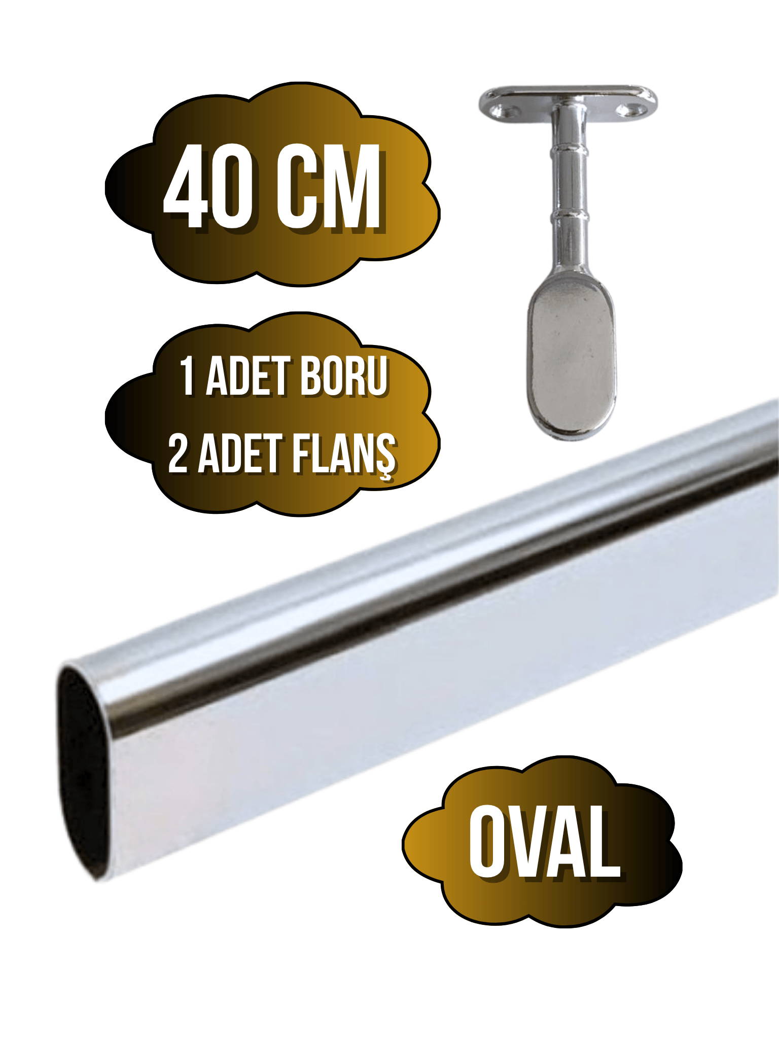 Metal Oval Krom Mobilya Dolap Askı Borusu(KROM)(OVAL)(2 ADET AYAKLI KAPALI FLANŞ-1 ADET BORU)