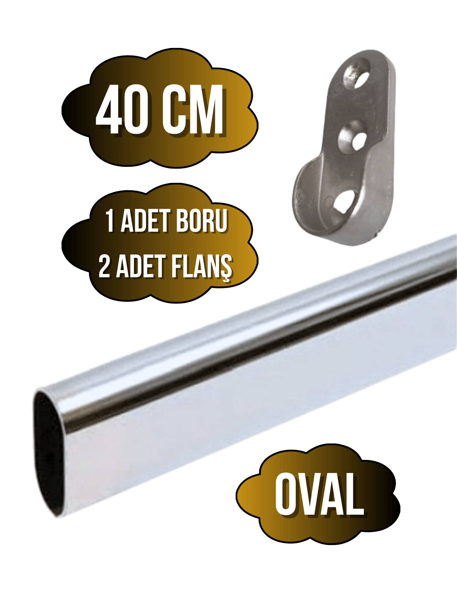 Metal Oval Krom Mobilya Dolap Askı Borusu(KROM)(OVAL)(2 ADET FLANŞ-1 ADET BORU)(BOY:30MM EN:15MM)