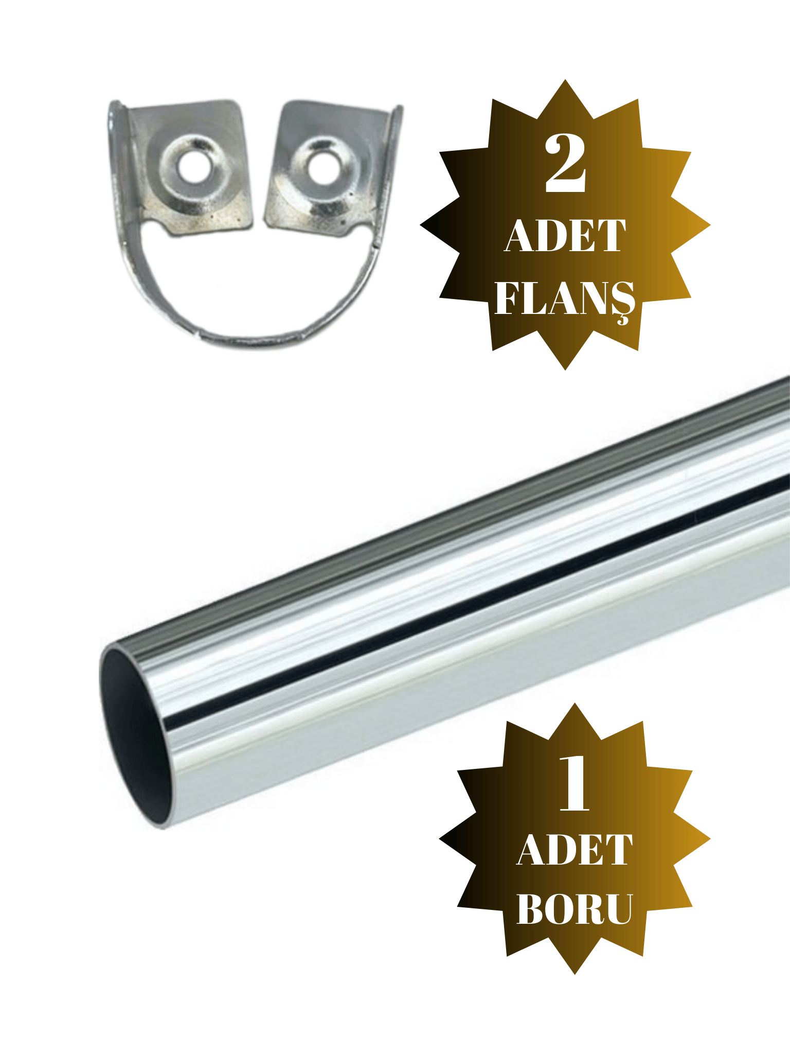 Metal Yuvarlak Krom Askı Borusu Mobilya Askı Borusu (2 Adet Flanş 1 Adet Boru) (Metal Yuvarlak Çap:25 mm)