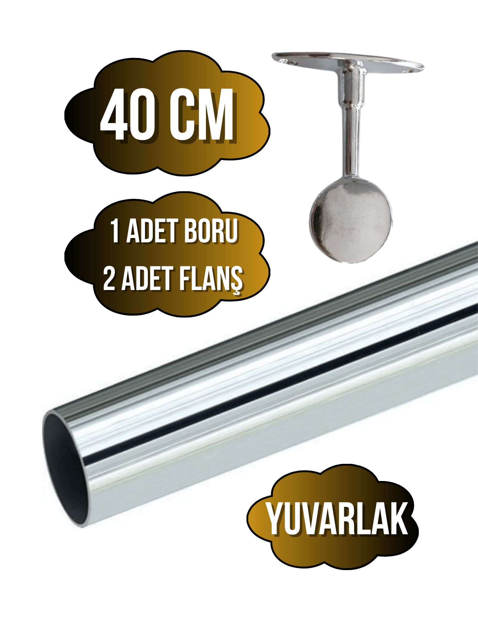 Metal Yuvarlak Krom Mobilya Askı Borusu(KROM)(2 ADET AYAKLI KAPALI FLANŞ-1 ADET BORU)(ÇAP:25MM)
