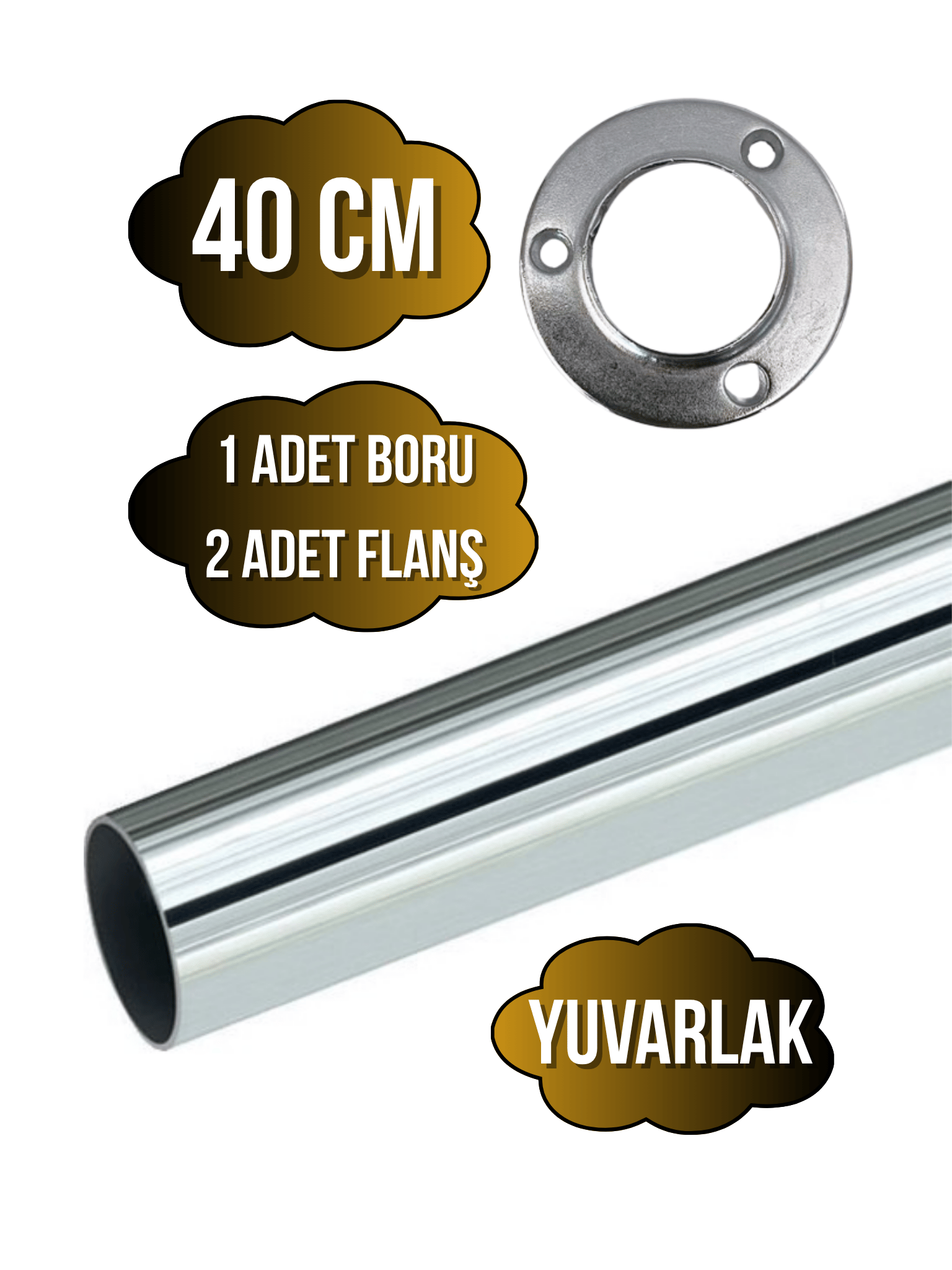 Metal Yuvarlak Krom Mobilya Dolap Askı Borusu(KROM)(2 ADET YUVARLAK FLANŞ-1 ADET BORU)(ÇAP:25MM)
