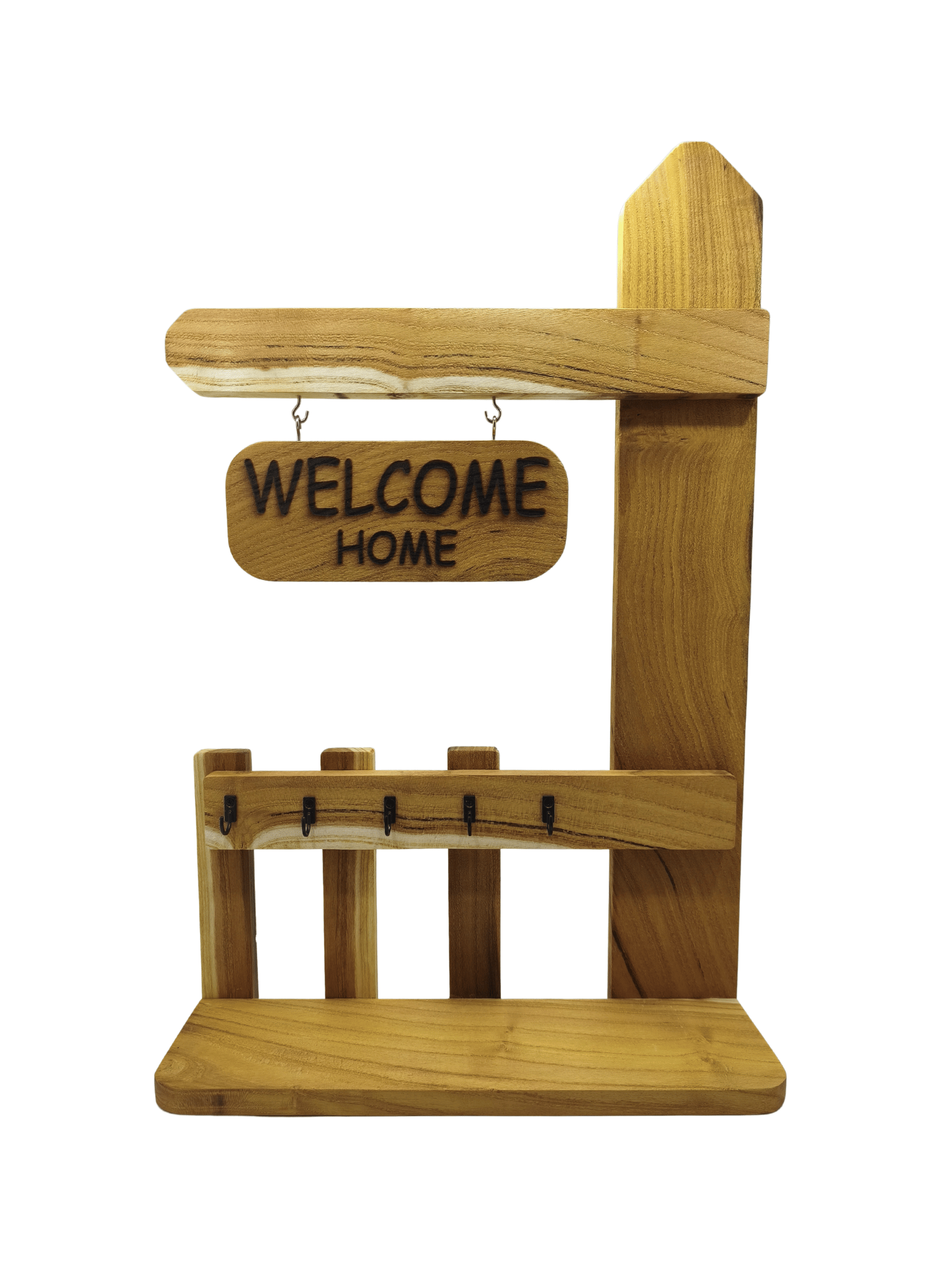 Özel Tasarım Doğal Ahşap Duvar Anahtarlık Tutucu Raflı Ahşap Askılık(DUT)(WELCOME HOME)
