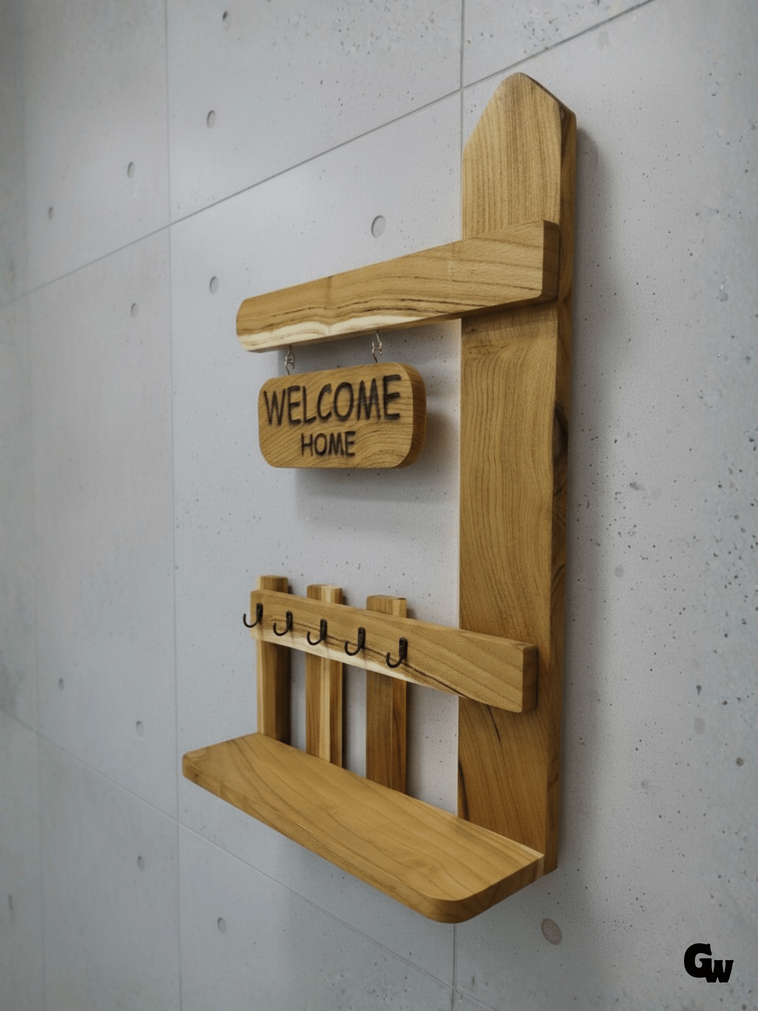 Özel Tasarım Doğal Ahşap Duvar Anahtarlık Tutucu Raflı Ahşap Askılık(DUT)(WELCOME HOME)