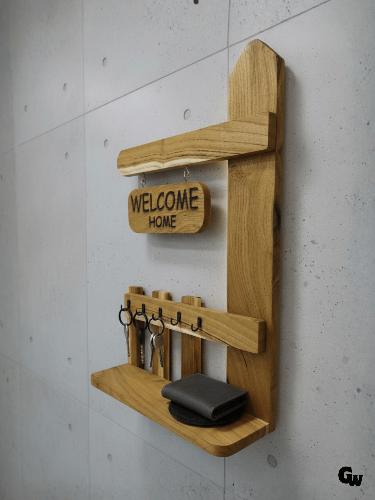 Özel Tasarım Doğal Ahşap Duvar Anahtarlık Tutucu Raflı Ahşap Askılık(DUT)(WELCOME HOME)