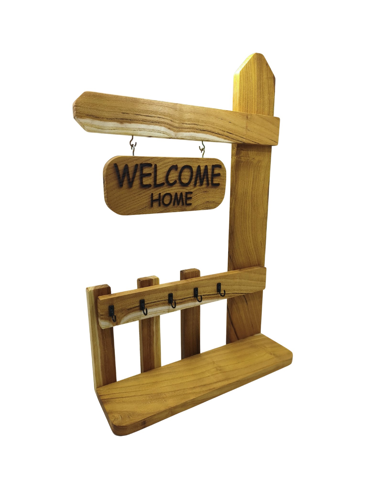 Özel Tasarım Doğal Ahşap Duvar Anahtarlık Tutucu Raflı Ahşap Askılık(DUT)(WELCOME HOME)