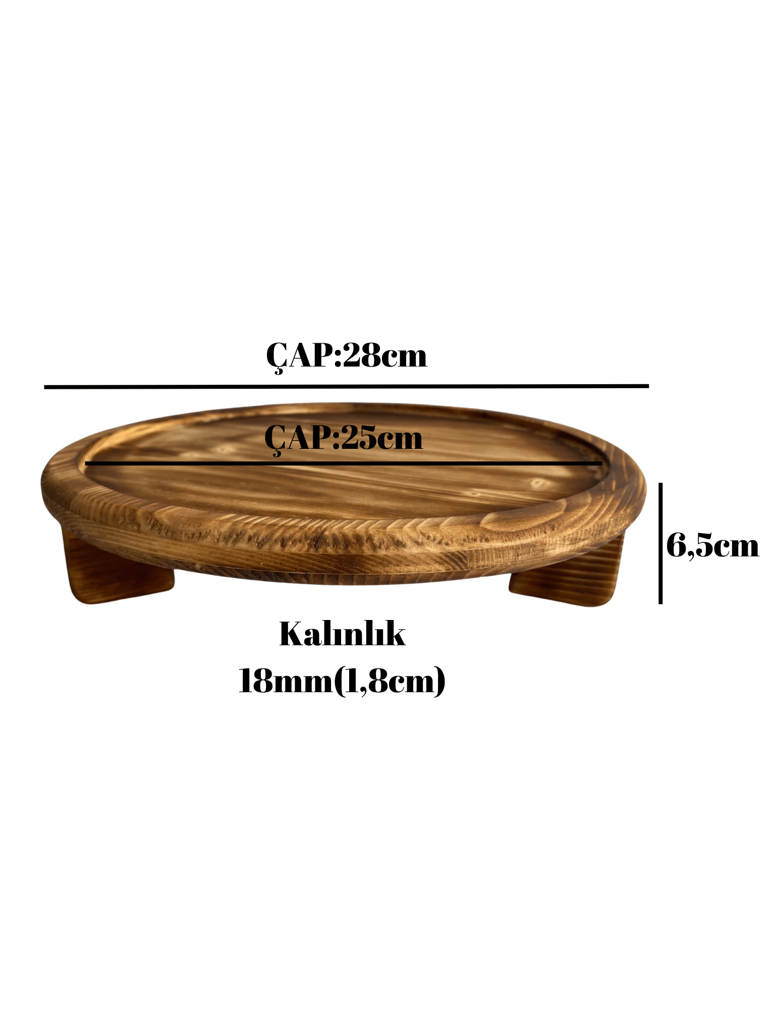 Yuvarlak Doğal Ahşap Sunum Tabağı Ayaklı Çukur Ahşap Sunumluk(BEYAZ ÇAM)(ÇAP:28cm YÜK:6,5cm)