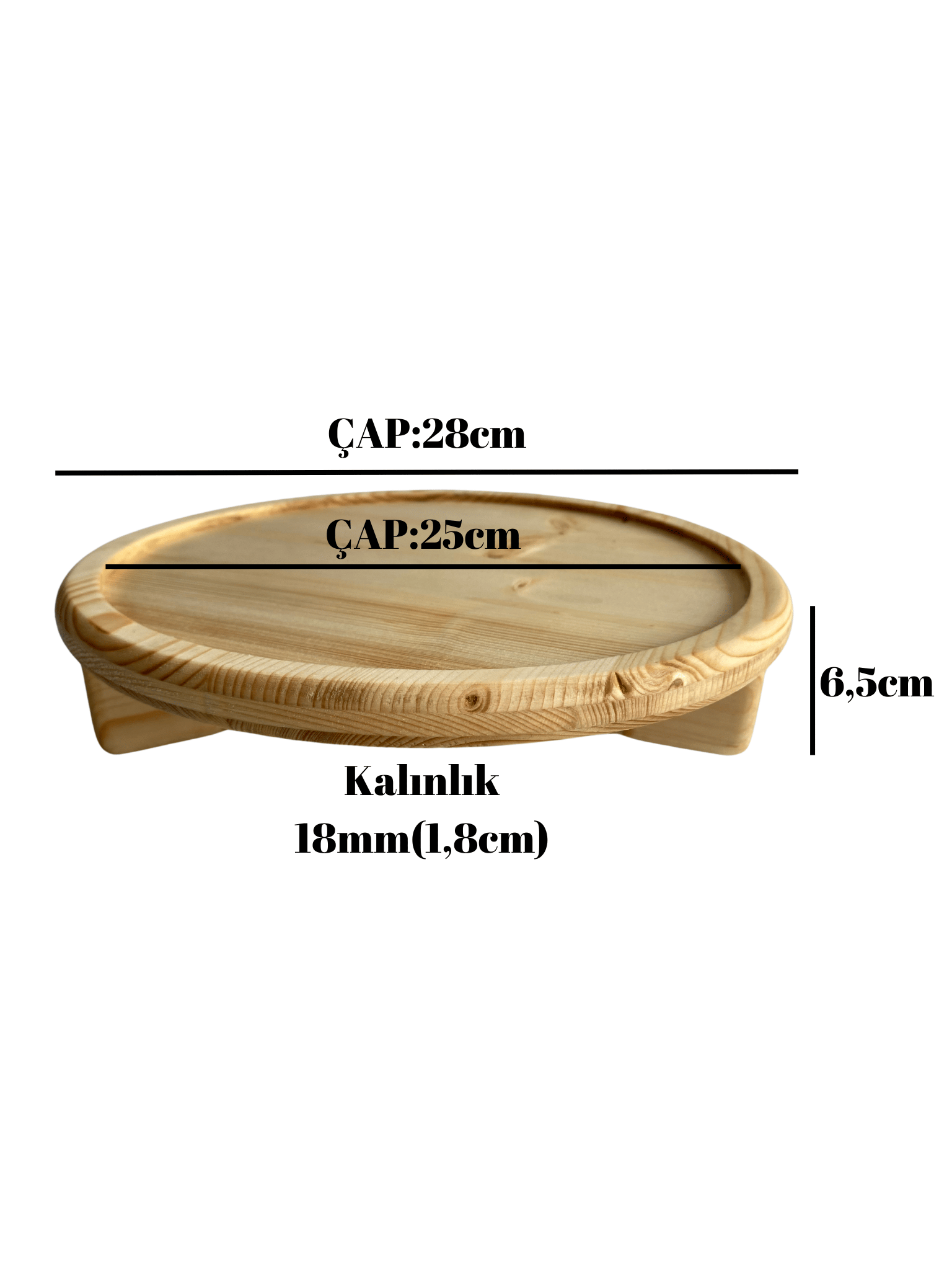 Yuvarlak Doğal Ahşap Sunum Tabağı Ayaklı Çukur Ahşap Sunumluk(BEYAZ ÇAM)(ÇAP:28cm YÜK:6,5cm)