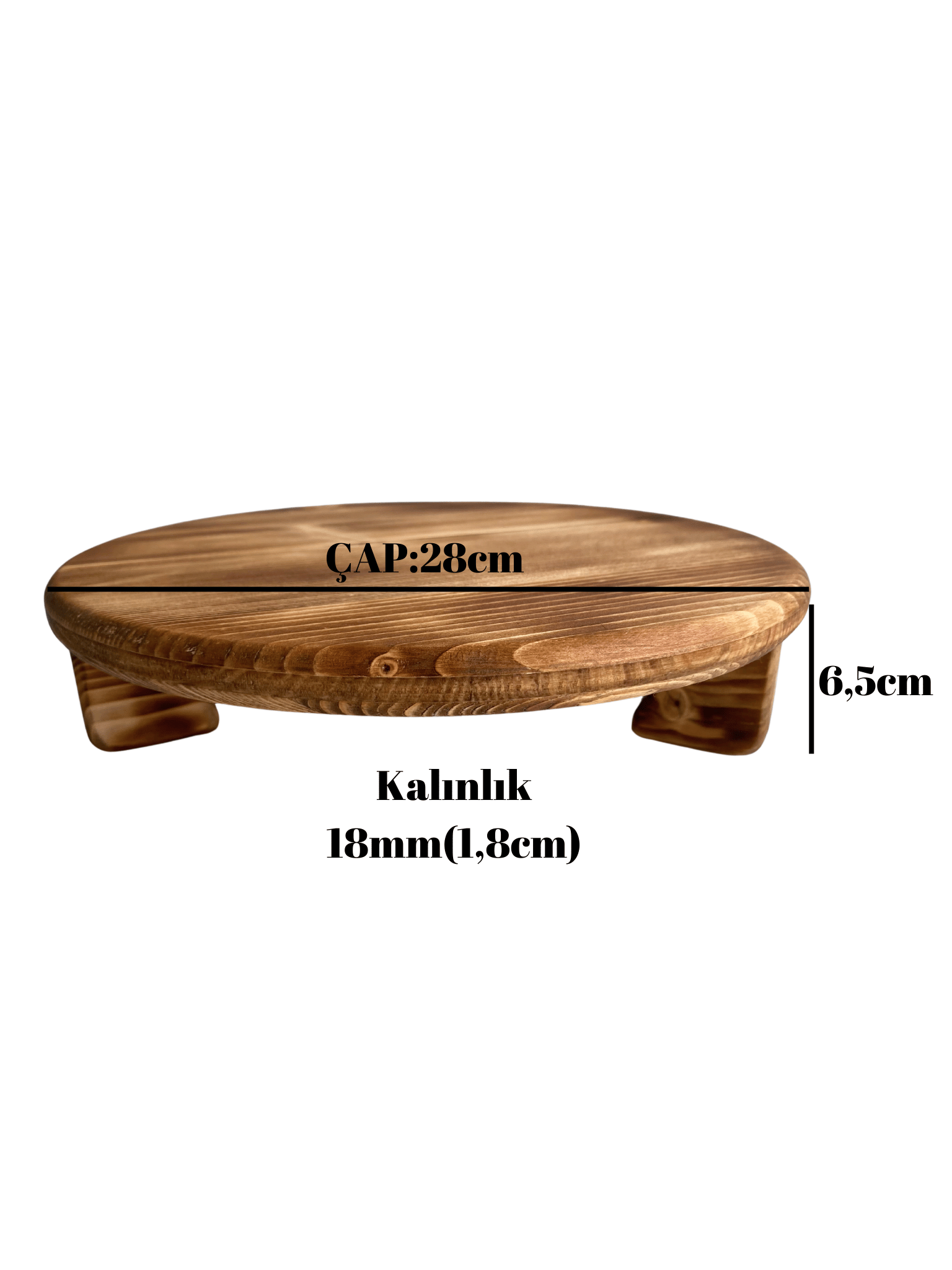 Yuvarlak Doğal Ahşap Sunum Tabağı Ayaklı Düz Ahşap Sunumluk(BEYAZ ÇAM)(ÇAP:28cm YÜK:6,5cm)