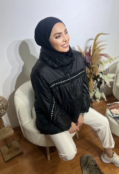 Kanguru Şişme Mont Tesettür | Siyah