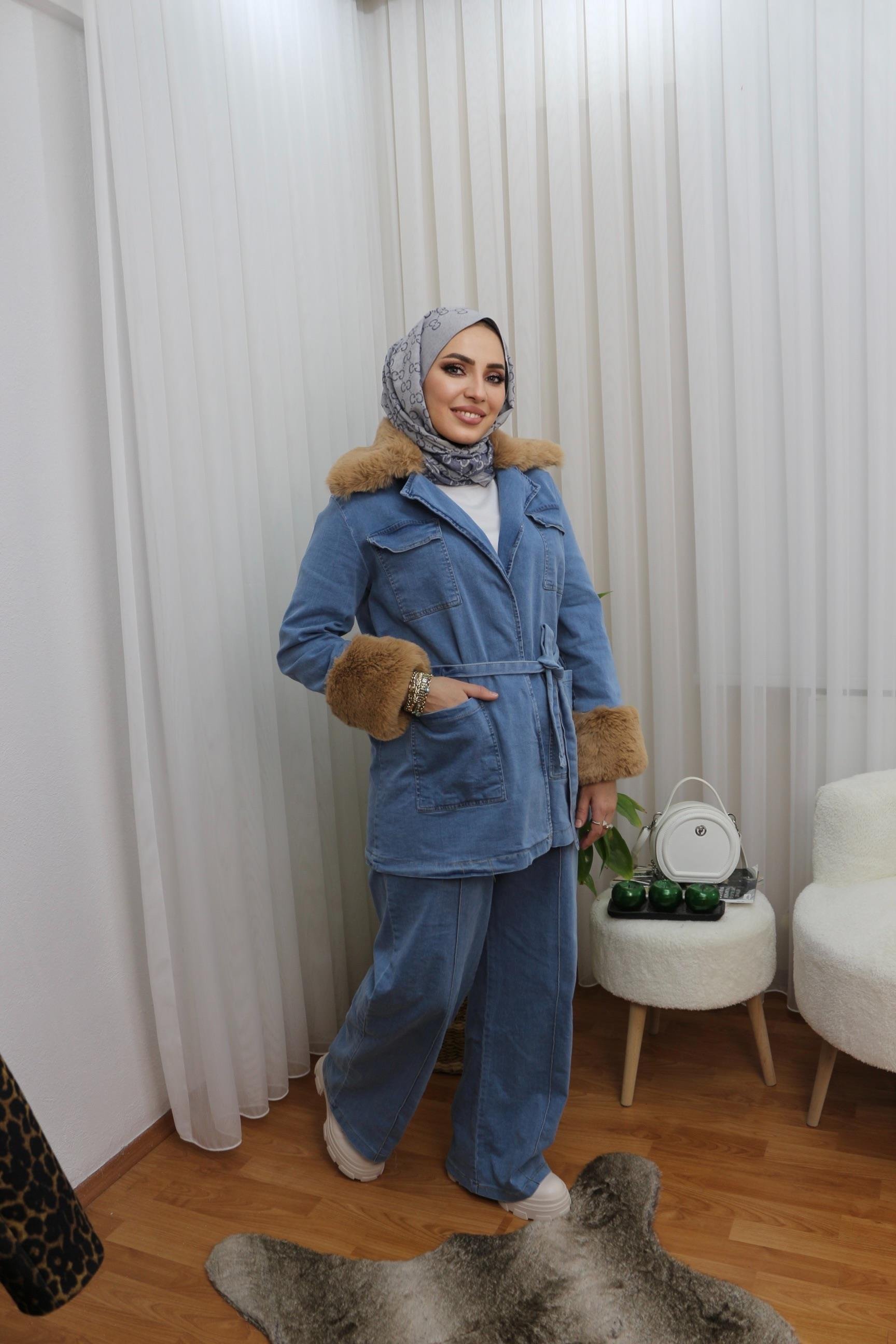 Kürklü Denim İkili Takım