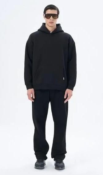 %100 Pamuk Premium Seri Siyah Oversize Kapüşonlu Sweatshirt - Kanguru Cepli Hoodie