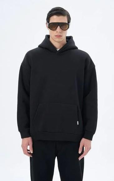 %100 Pamuk Premium Seri Siyah Oversize Kapüşonlu Sweatshirt - Kanguru Cepli Hoodie