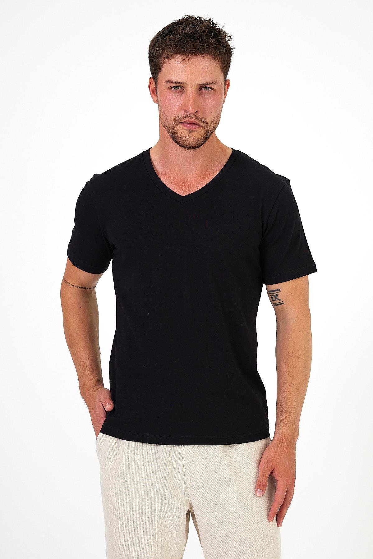 %100 Pamuklu V Yaka Slim Fit Basic Erkek T-Shirt