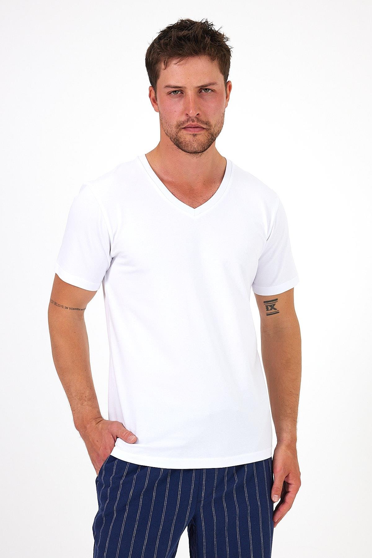 %100 Pamuklu V Yaka Slim Fit Basic Erkek T-Shirt