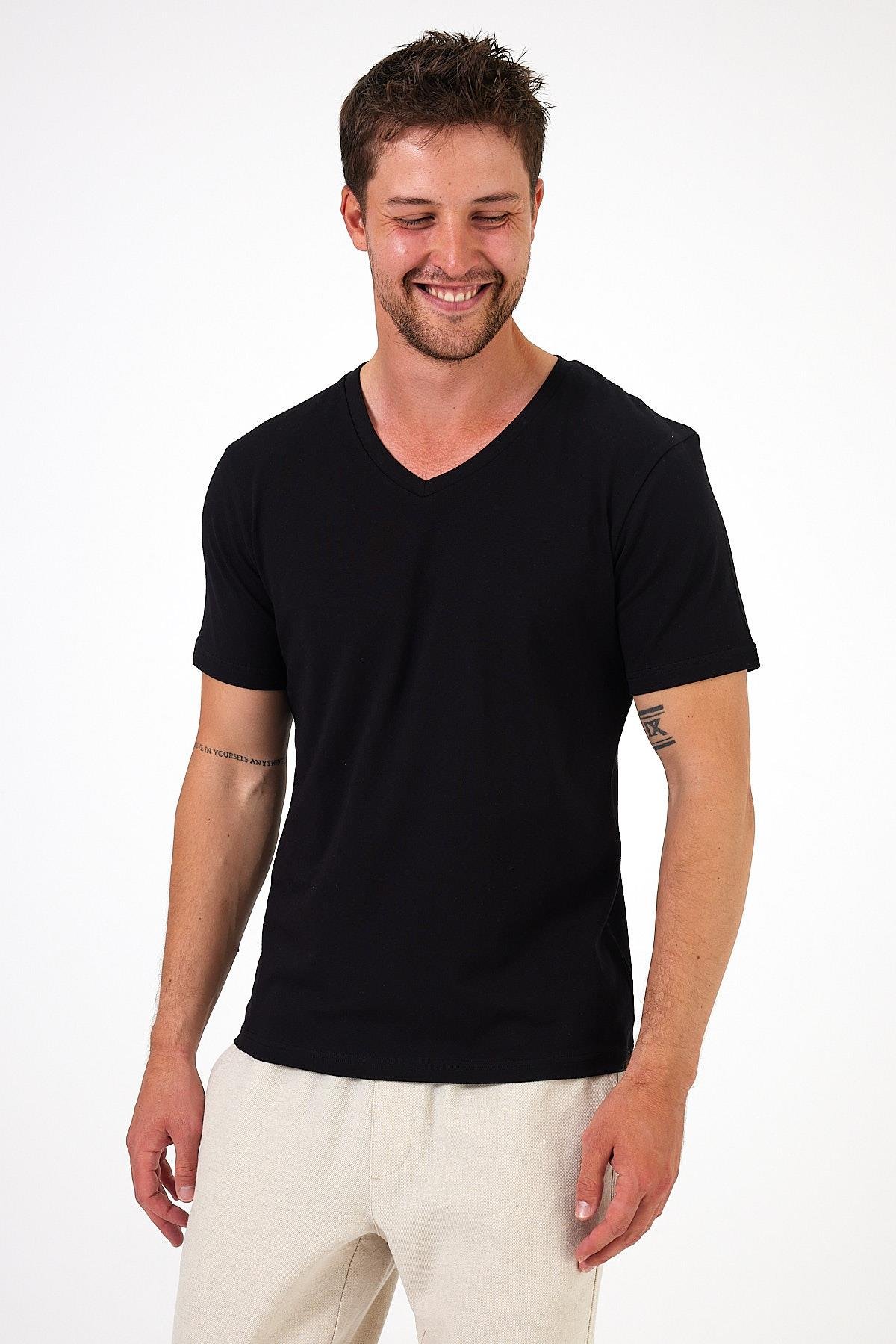 %100 Pamuklu V Yaka Slim Fit Basic Erkek T-Shirt
