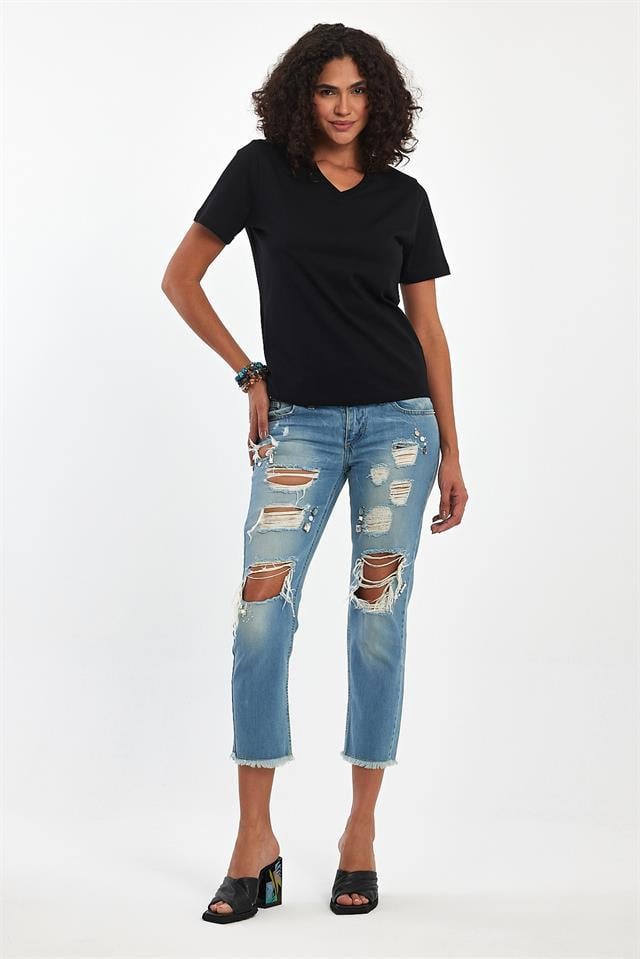 %100 Pamuklu V Yaka Slim Fit Basic Kadın T-Shirt