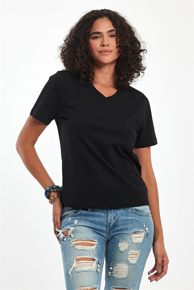%100 Pamuklu V Yaka Slim Fit Basic Kadın T-Shirt