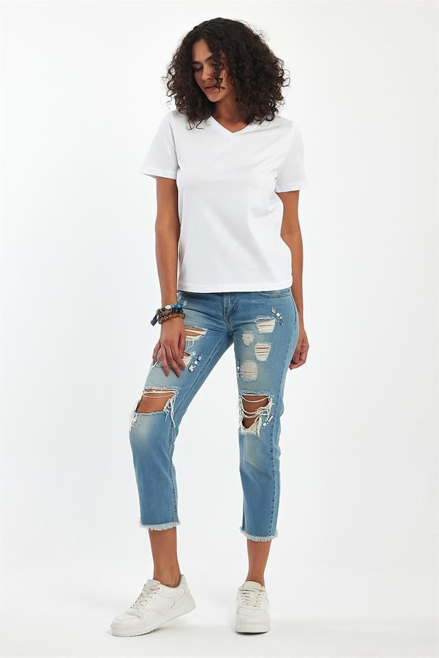 %100 Pamuklu V Yaka Slim Fit Basic Kadın T-Shirt