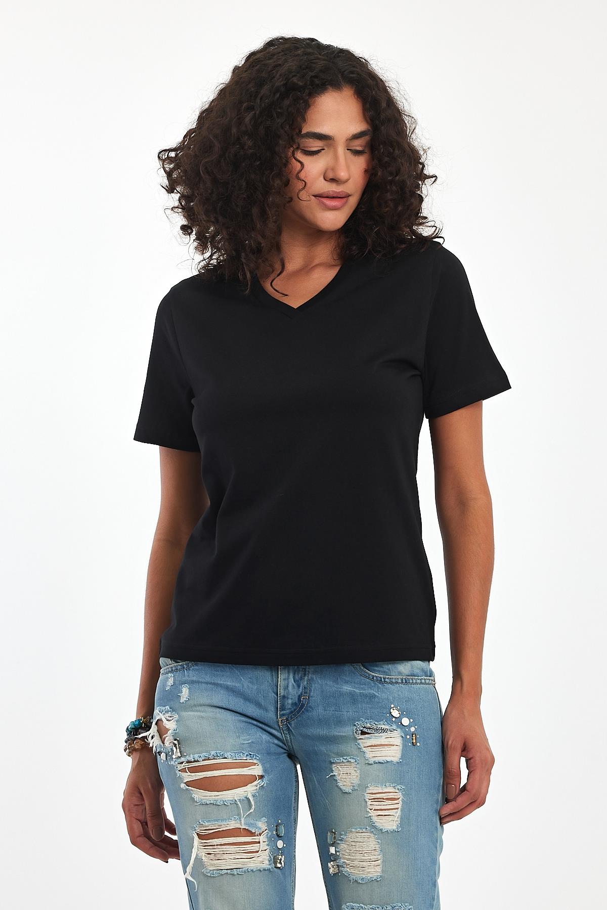%100 Pamuklu V Yaka Slim Fit Basic Kadın T-Shirt