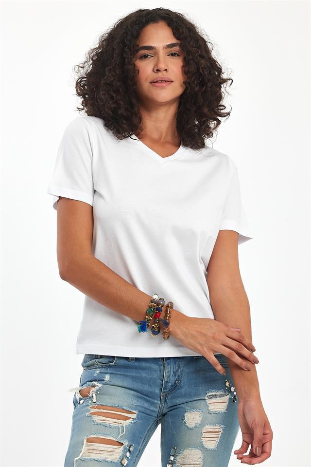 %100 Pamuklu V Yaka Slim Fit Basic Kadın T-Shirt