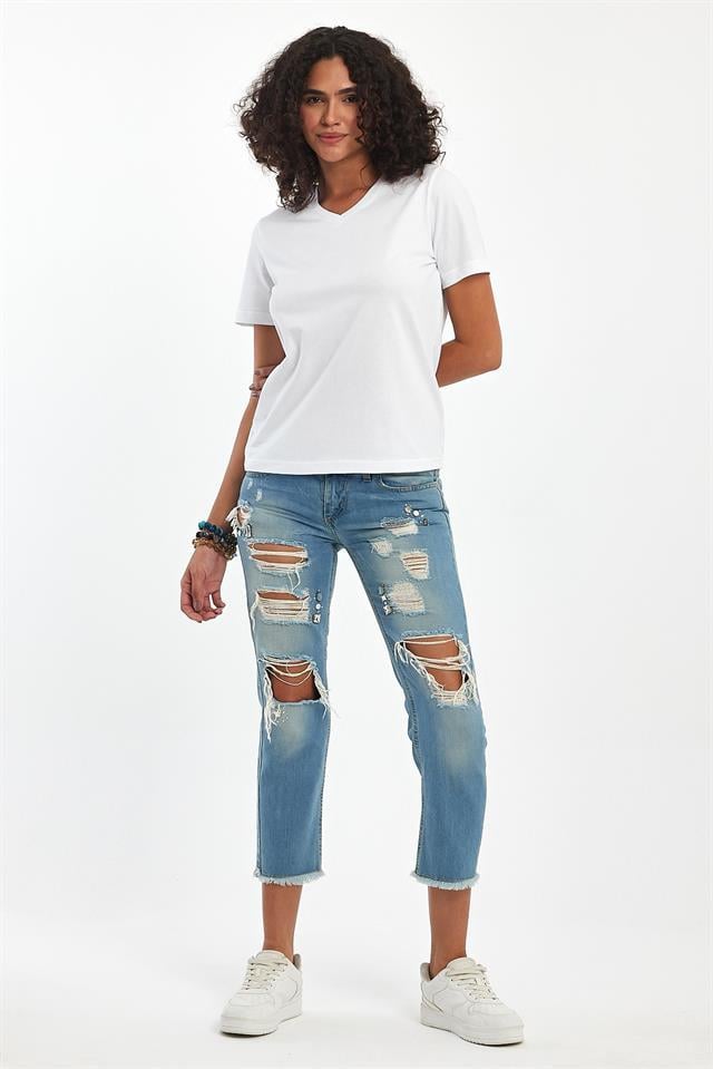 %100 Pamuklu V Yaka Slim Fit Basic Kadın T-Shirt