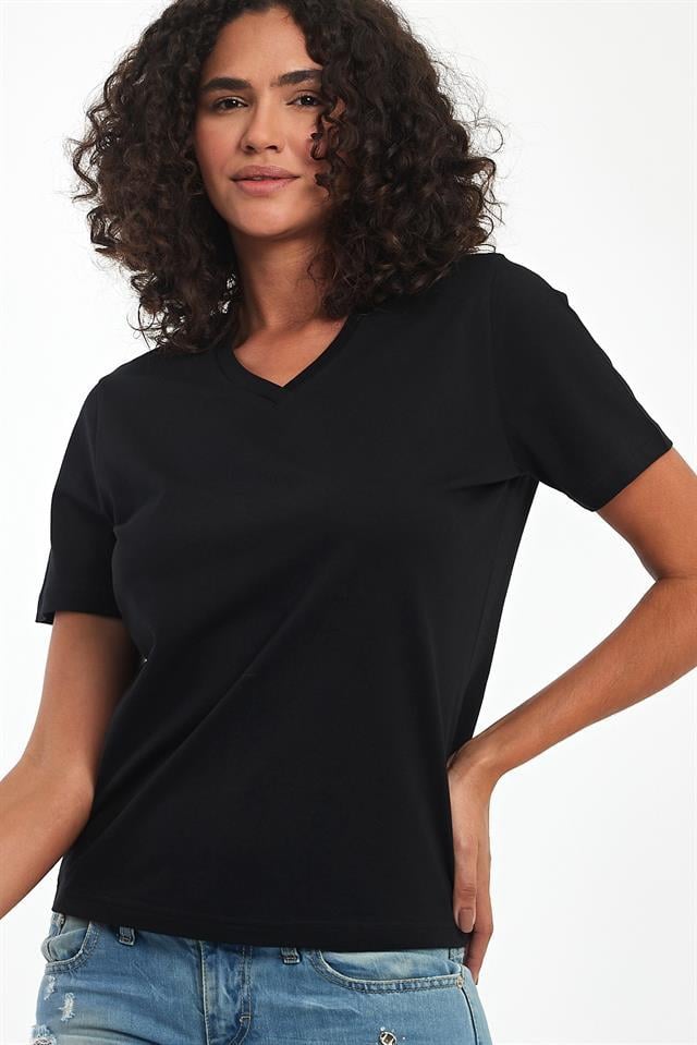 %100 Pamuklu V Yaka Slim Fit Basic Kadın T-Shirt