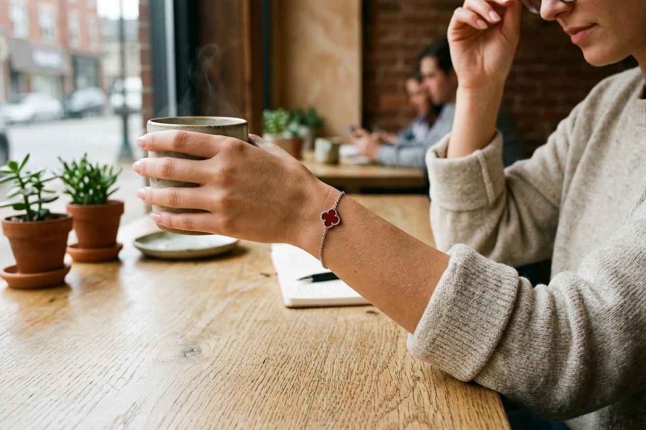 925 Ayar Gümüş Minimalist Tekli Yonca Kırmızı Taşlı Şans Bilekliği