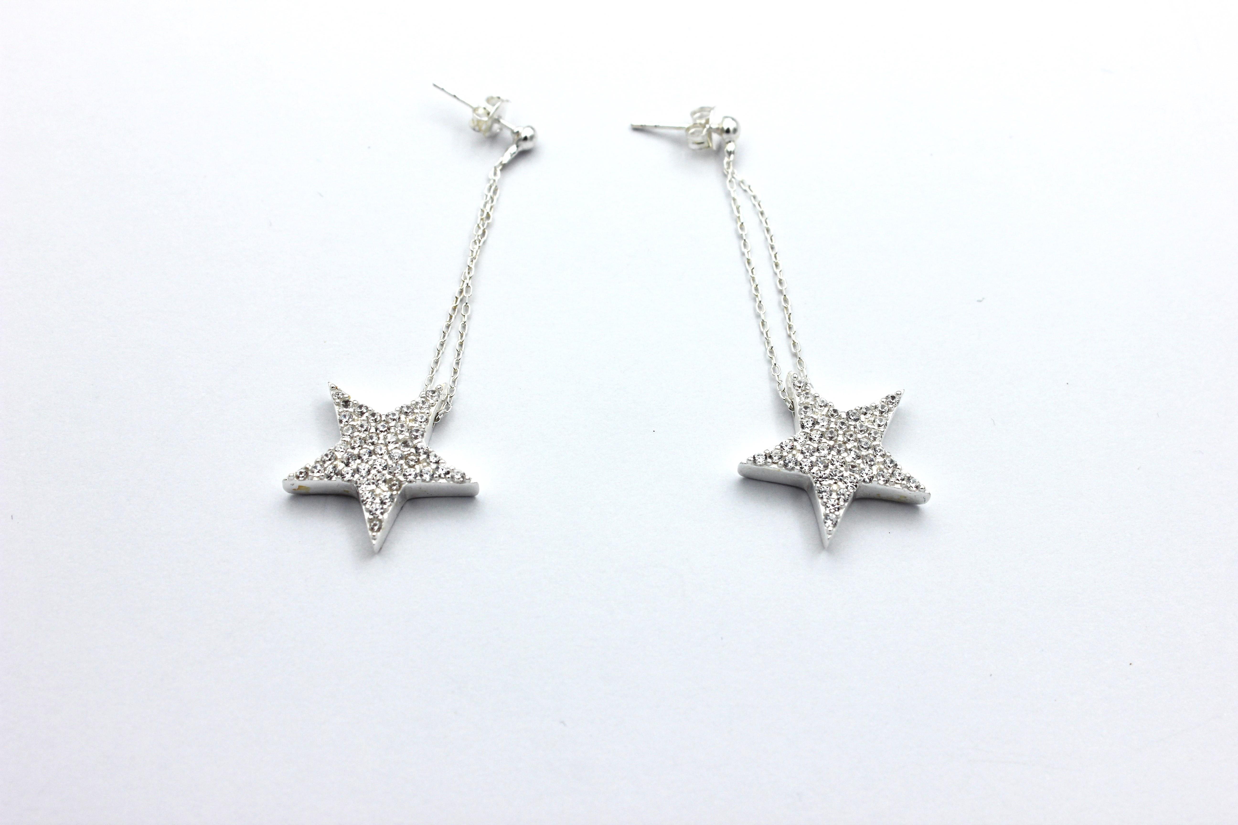 925 Ayar Gümüş Sallantılı Yıldız Küpe - 5 cm Zincir 2 cm x 2 cm Yıldız