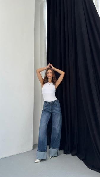 Bayan Wıde Leg Denim Pantolon Paça Katlı