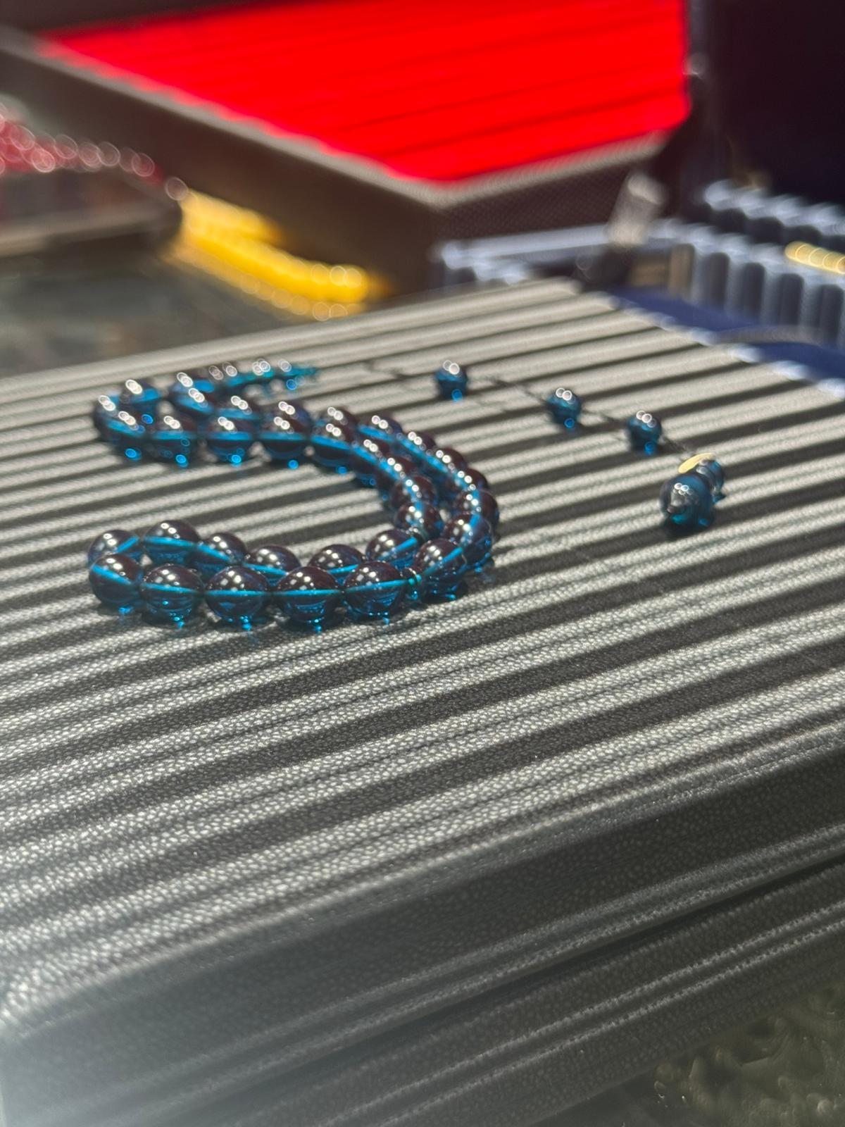 Gece Mavisi Ateş Kehribar Tesbih 6x9 mm Küre Kesim Usta İmzalı