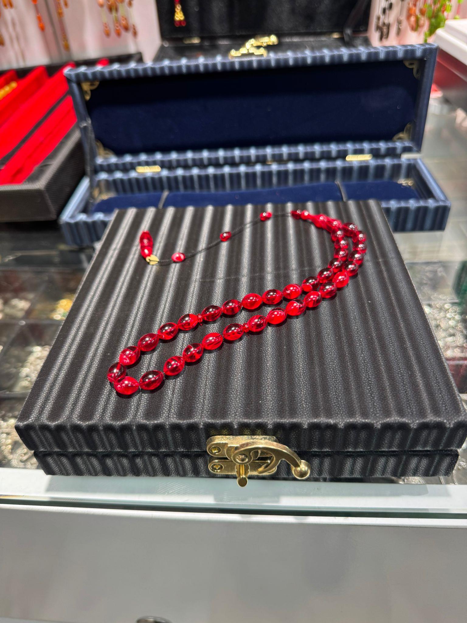 Kırmızı Ateş Kehribar Tesbih Usta İşçilikli Kapsül Kesim 7x10 mm