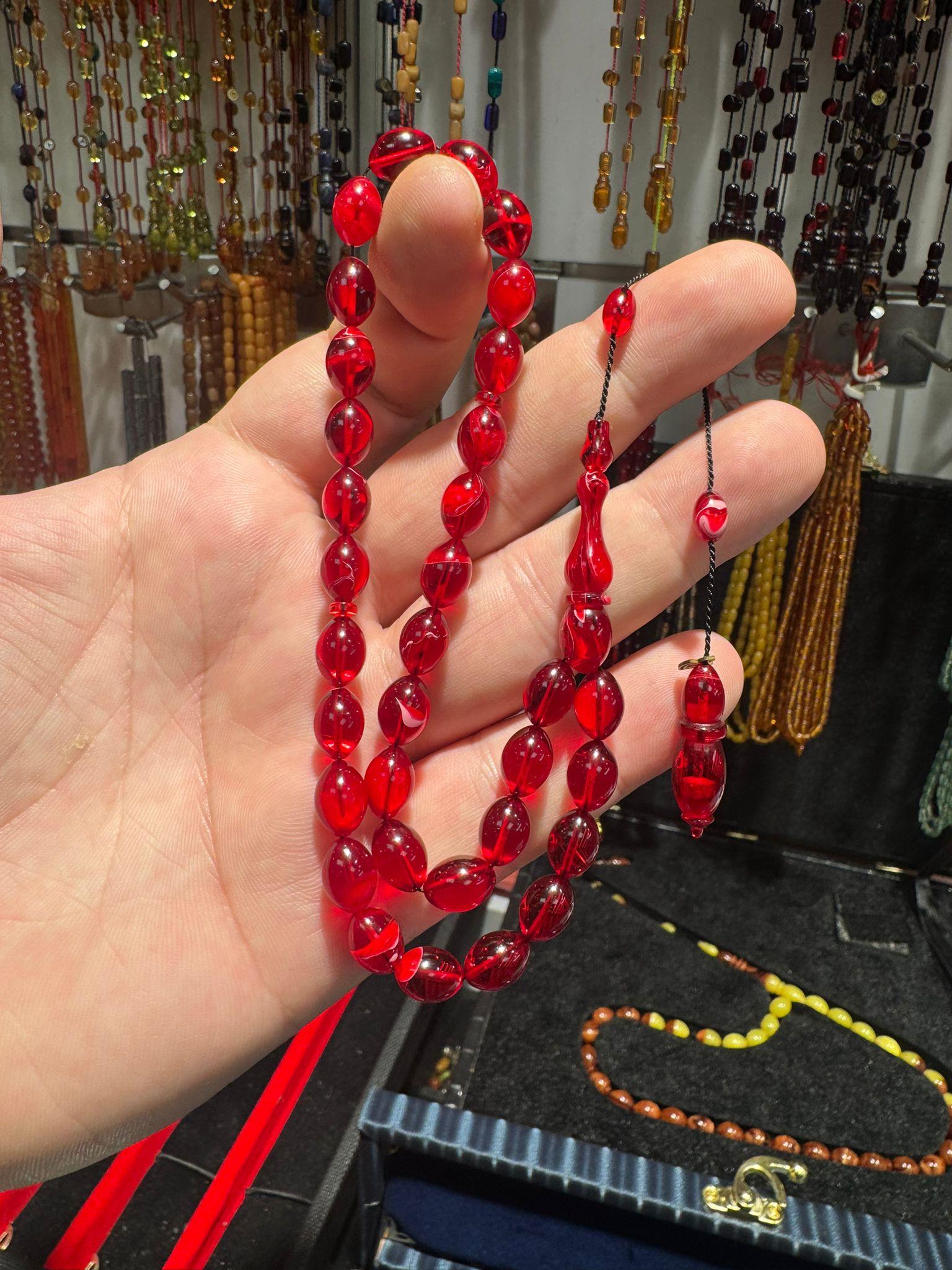 Kırmızı Ateş Kehribar Tesbih Usta İşçilikli Kapsül Kesim 7x10 mm