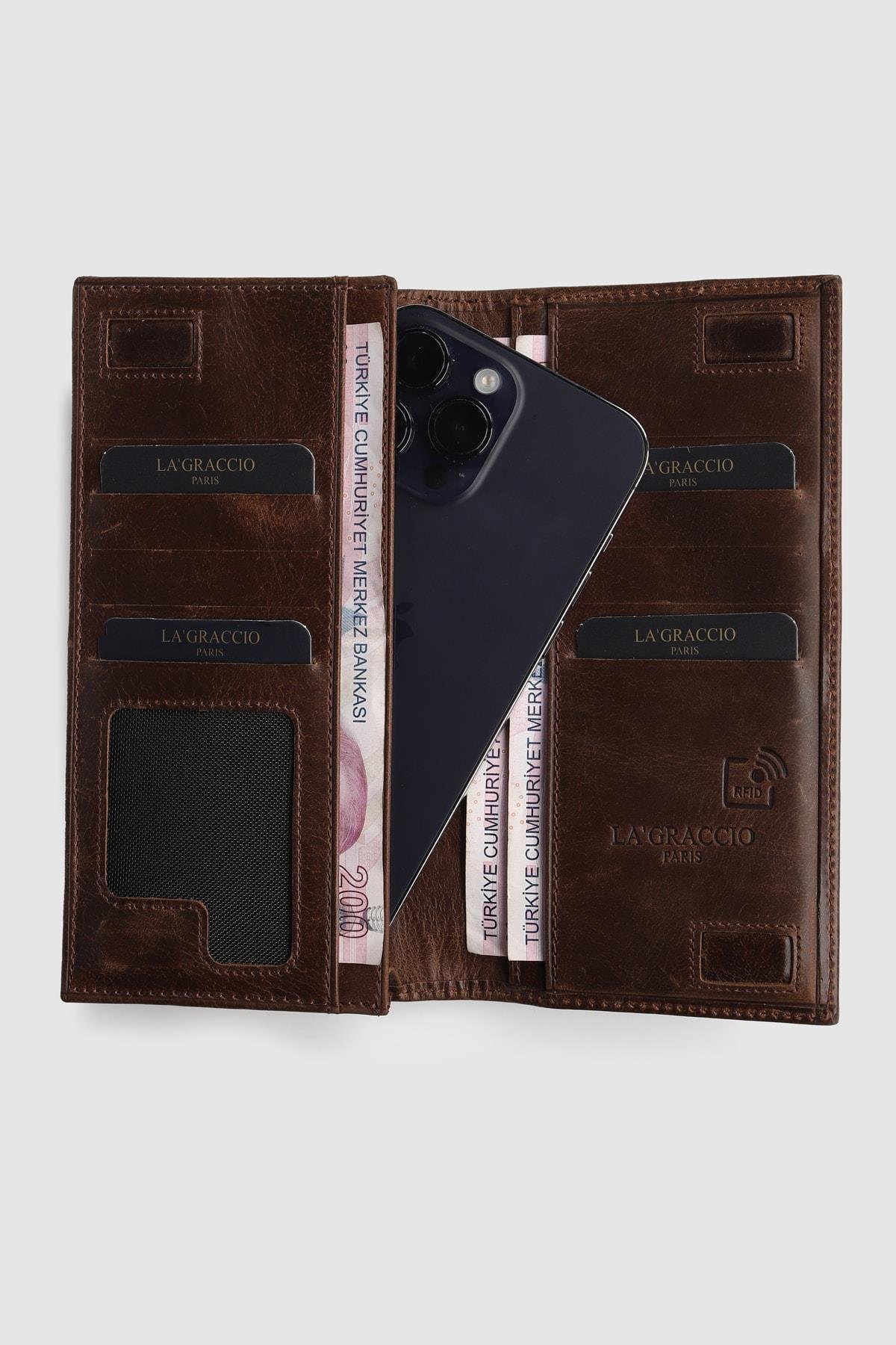 La'Graccio Paris Mare Rfid Korumalı Erkek Hakiki Deri Telefon Hazneli Cüzdan