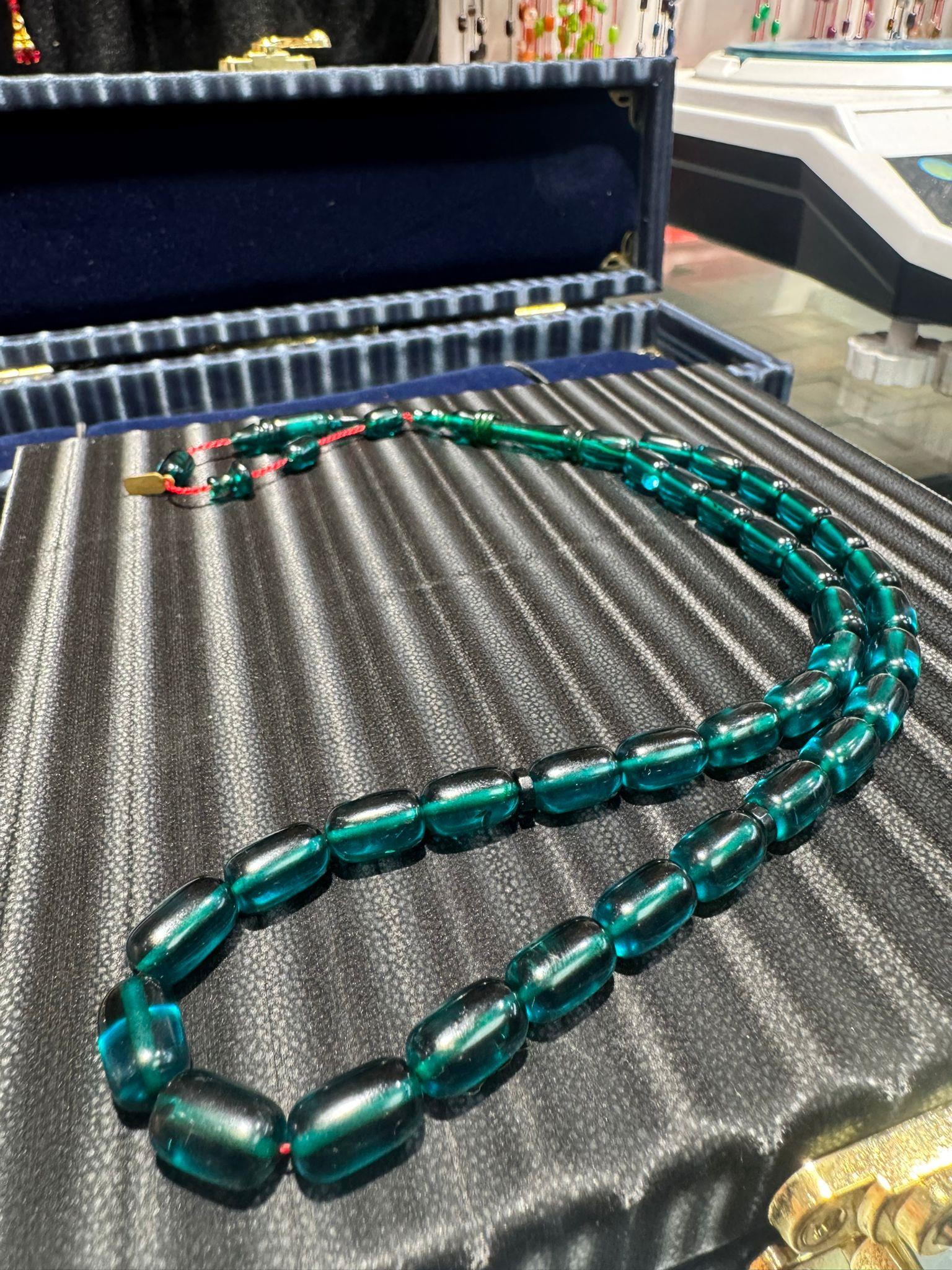 Mavi Ateş Kehribar Tesbih 7x11 mm Kapsül Kesim Özel Halkalı İmameli