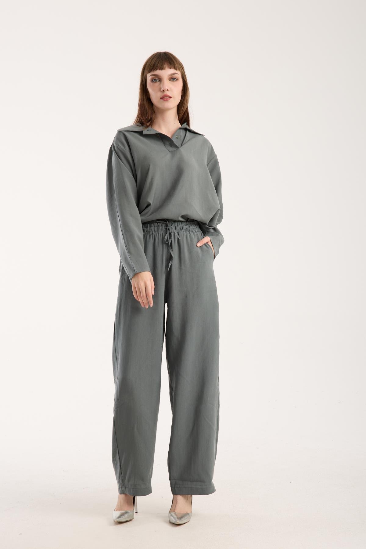 Modal Kumaş Modelli Rahat Kesim Uzun Gömlek + Pantolon Takım