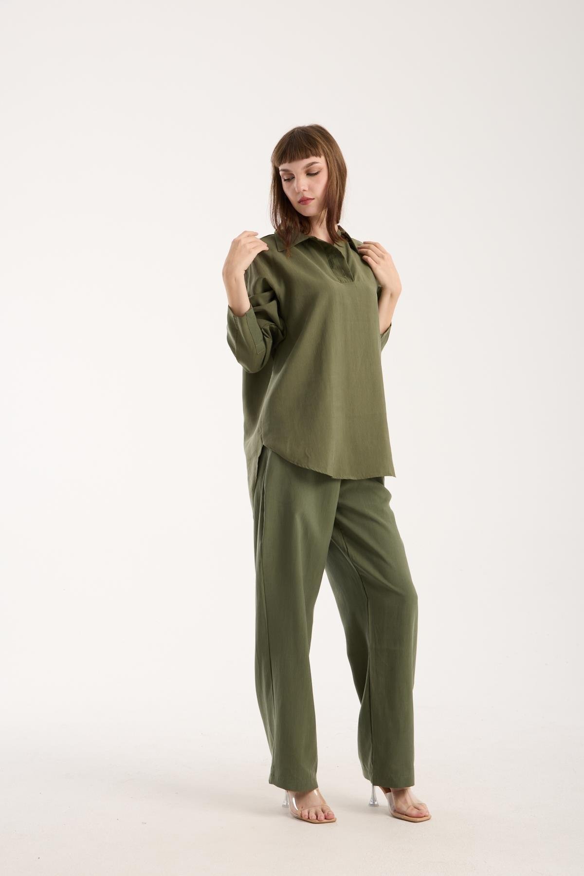Modal Kumaş Modelli Rahat Kesim Uzun Gömlek + Pantolon Takım