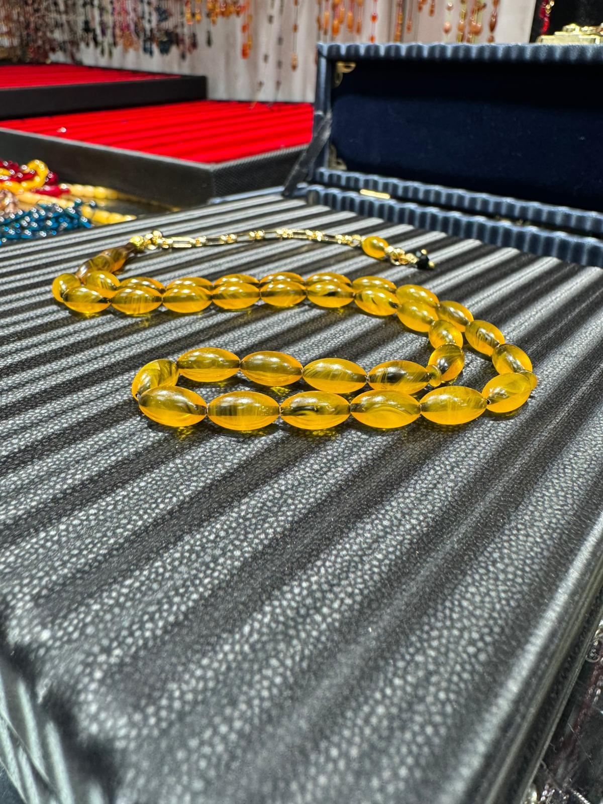 Osmanlı Benzetmesi Hareli Karamel Sıkma Kehribar Tesbih 7x11 mm Özel Döküm
